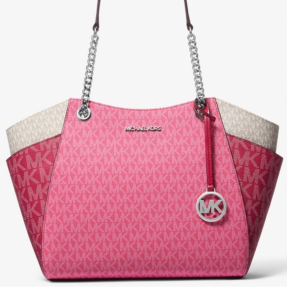 Michael Kors Jet Set LG Color-Block Signature Logo Shoulder Bag Dark Rasberry - Picture 1 of 11